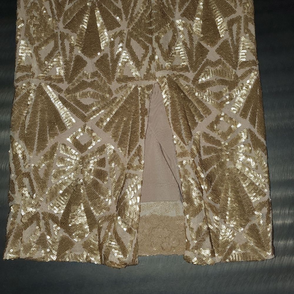 Dress The Population Emery Long Sleeve Blush Gold Sequin Open Back Dress Deco S - Picture 8 of 16